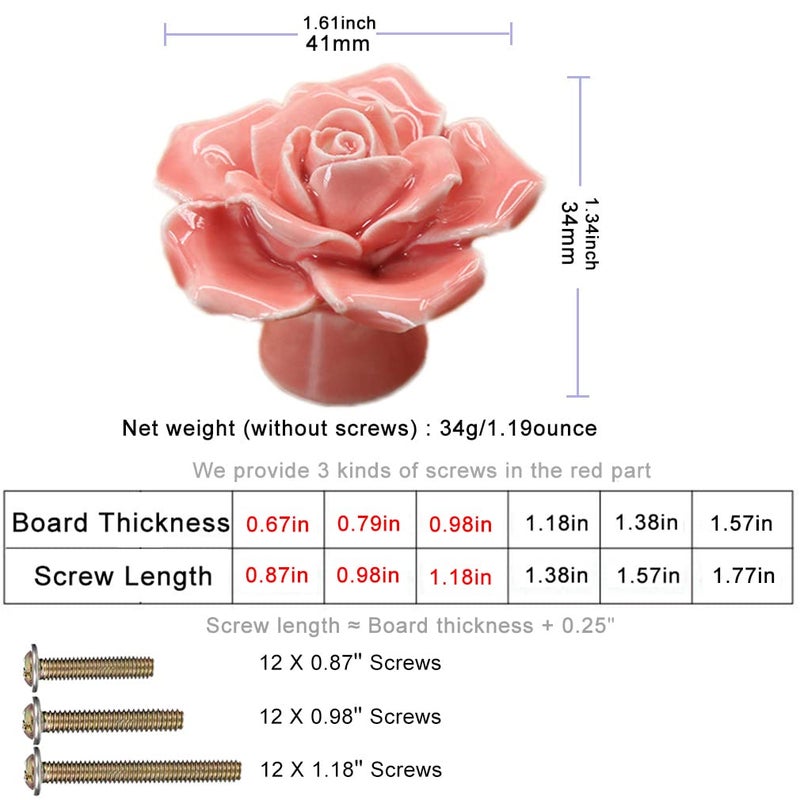 ESreake 12-Pack Rose Ceramic Knobs  Rose Flower Ceramic Vintage Pulls Kitchen Cabinet Dressing Table Dresser Handles with 3 Size Screws for Girl's Room Dresser Cupboard Wardrobe (12  Pink) - Image 2